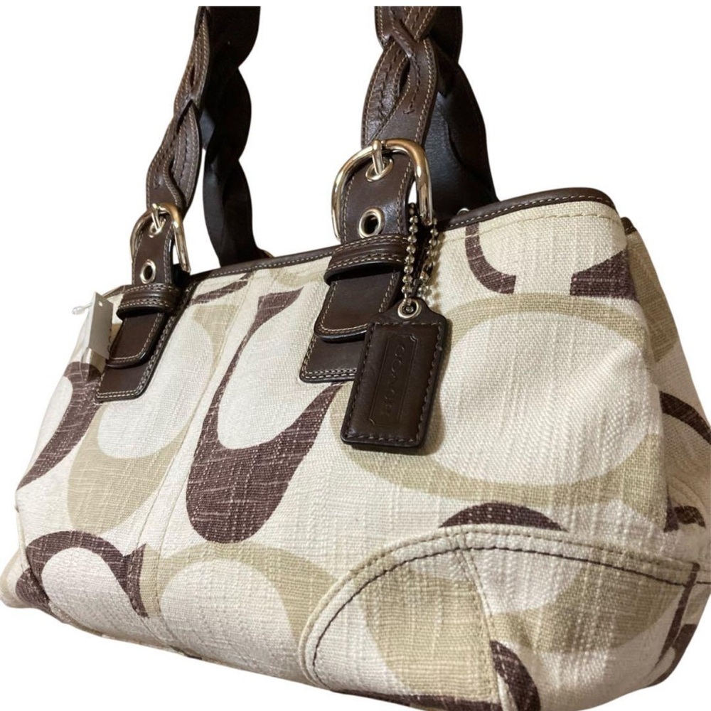 COACH (SET) Y2K TONAL SIGNATURE CANVAS SHOULDER TOTE, Brown & Cream with Wallet - Picture 3 of 13